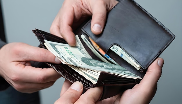 Un hombre sostiene una billetera abierta con dinero en las manos Las manos sacan billetes de su billetera