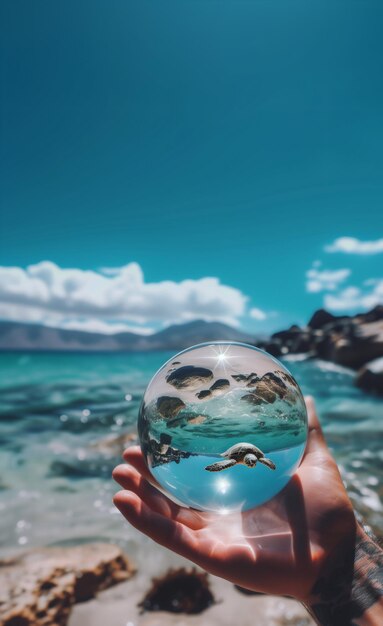 Foto un hombre sostiene una bola de cristal con una tortuga en la playa