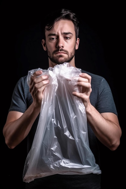 Un hombre sostiene una bolsa de plástico frente a un fondo negro Día Internacional Libre de Bolsas de Plástico