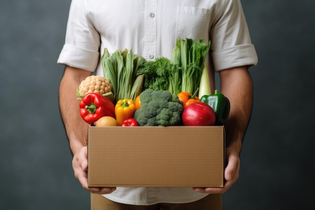 Un hombre sostiene una caja de cartón con comestibles en sus manos Concepto de servicio y entrega de alimentos Copiar maqueta espacial