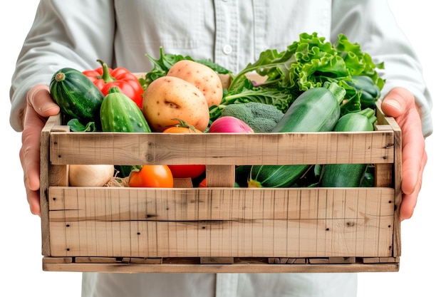 Foto un hombre sostiene una caja con verduras en un fondo blanco o transparente vendiendo verduras en una