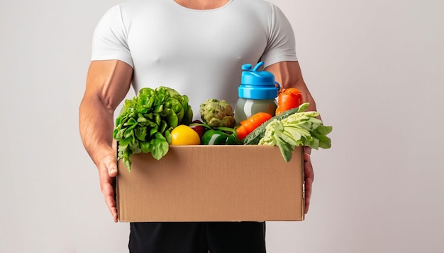 Un hombre sostiene una caja de verduras.