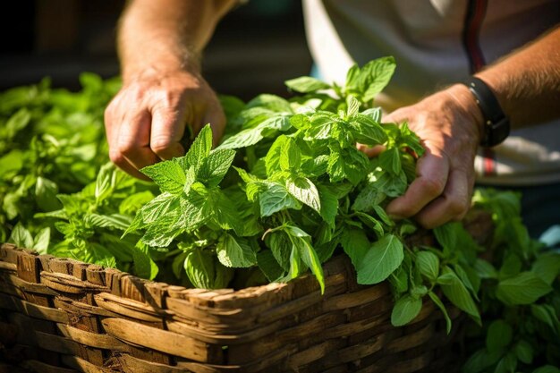 un hombre sostiene una canasta de albahaca fresca.