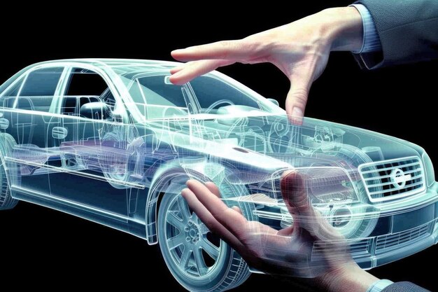 Un hombre sostiene un coche en sus manos y el coche se muestra en una imagen 3D