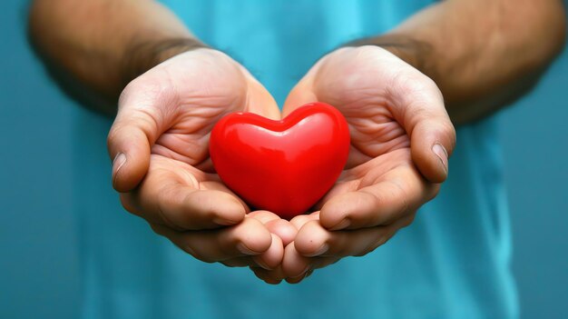 Foto un hombre sostiene un corazón rojo en sus manos