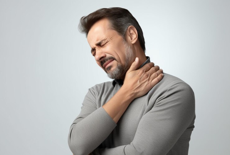 un hombre se sostiene el cuello debido al dolor de cuello