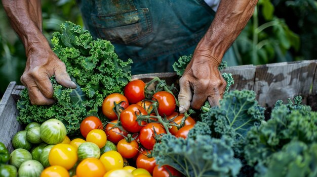 Un hombre sostiene delicadamente una caja llena de una colorida variedad de verduras recién recogidas