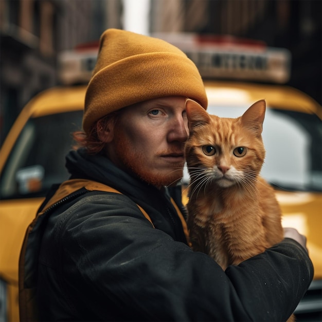 Un hombre sostiene un gato frente a un taxi que dice 'no cruces'.