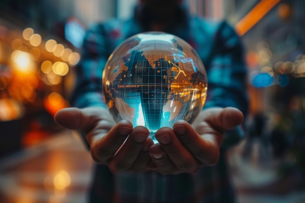 un hombre sostiene un globo de vidrio con la palabra ciudad en él