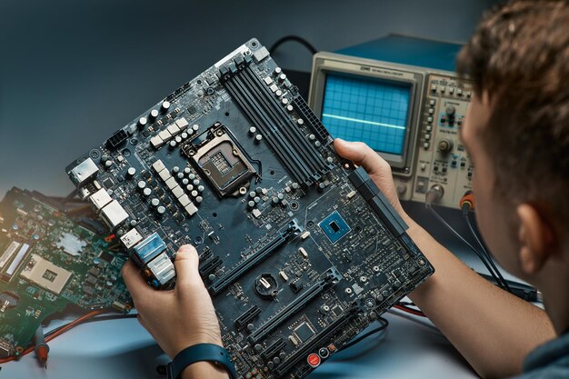 Un hombre sostiene una herramienta para reparar componentes electrónicos, ensamblando manualmente una placa de circuito de soldadura.