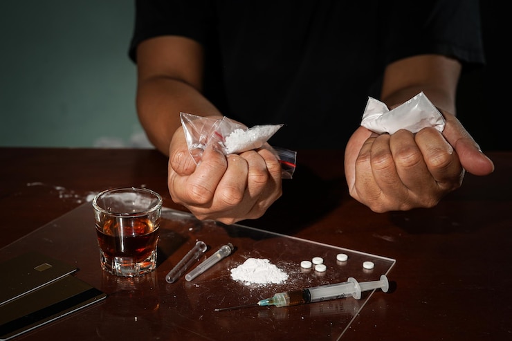 Foto hombre sostiene en la mano un paquete de plástico de drogas o una bolsa con cocaína concepto de abuso de drogas y adicción al peligro
