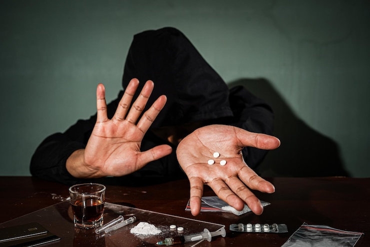 Foto hombre sostiene en la mano un paquete de plástico de drogas o una bolsa con cocaína concepto de abuso de drogas y adicción al peligro
