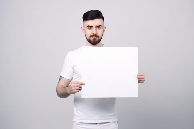 Un hombre sostiene una maqueta de un letrero blanco en blanco en la mano