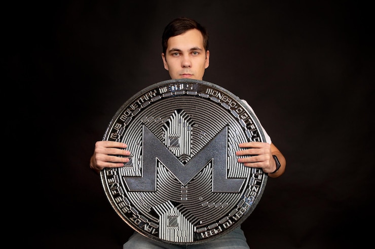 Foto un hombre sostiene una moneda monero en sus manos como símbolo de tecnología imagen sobre fondo negro
