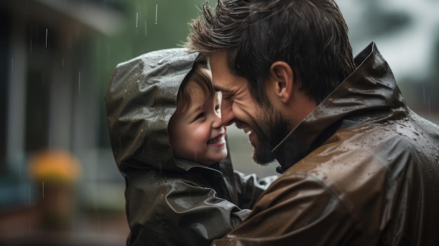 Un hombre sostiene a un niño en sus brazos bajo la lluvia y se ríe Padre e hijo caminando bajo la lluvias con chaquetas