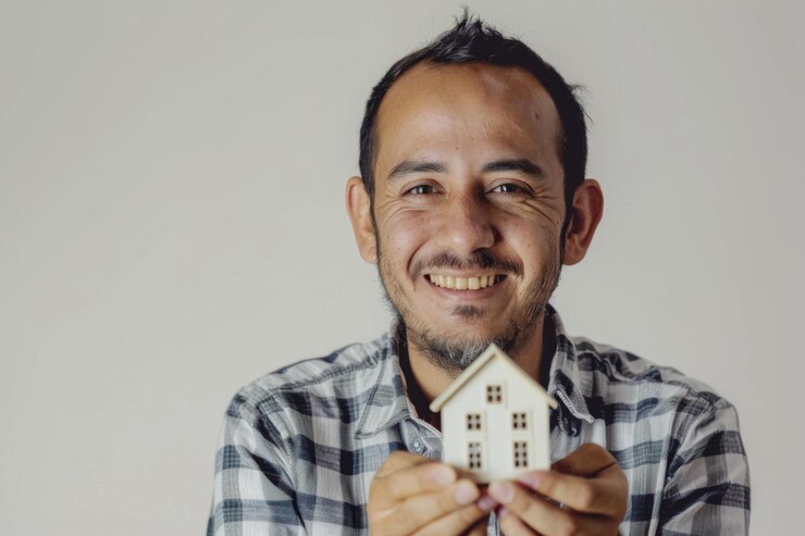 Un hombre sostiene una pequeña casa en sus manos y sonríe