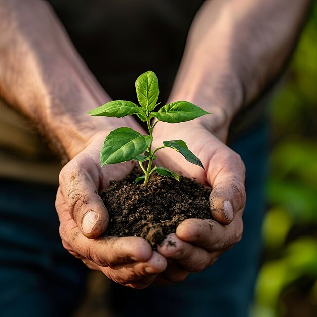 un hombre sostiene una pequeña planta