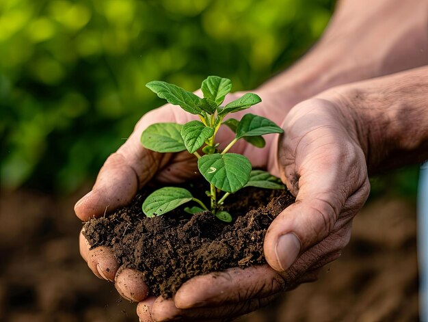 un hombre sostiene una pequeña planta