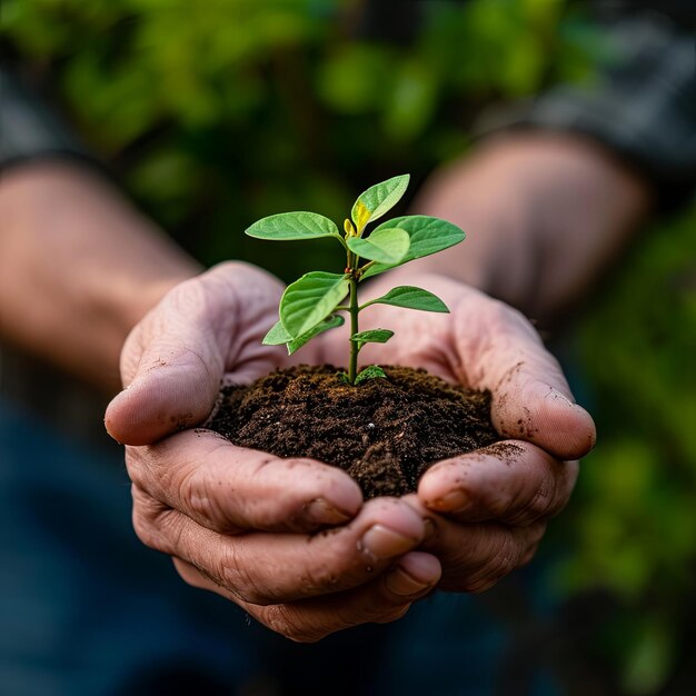 un hombre sostiene una pequeña planta