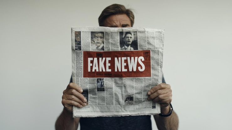 Foto un hombre sostiene un periódico con las palabras noticias falsas en él