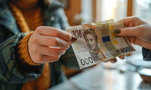 Foto un hombre sostiene una pila de dinero que dice euro