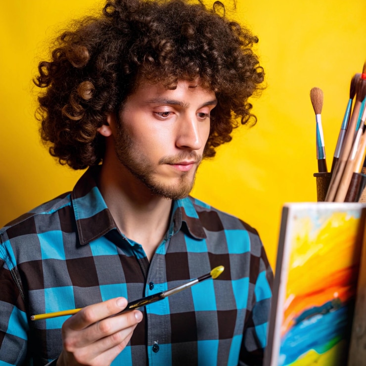 Foto un hombre sostiene un pincel de pintura y una pintura de una pintura