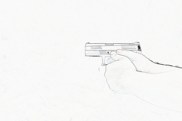 Un hombre sostiene una pistola dibujada a lápiz sobre un fondo blanco.