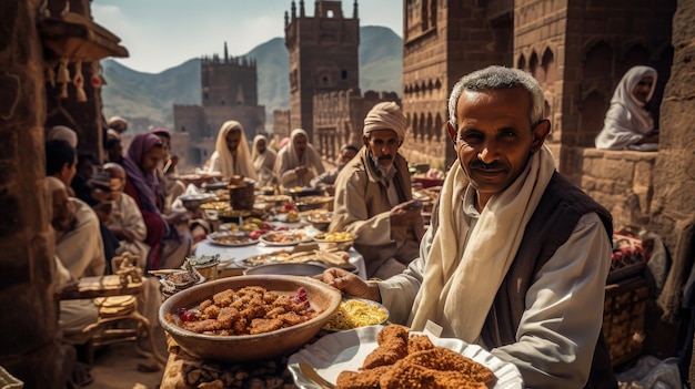 un hombre sostiene un plato de comida frente a un edificio.