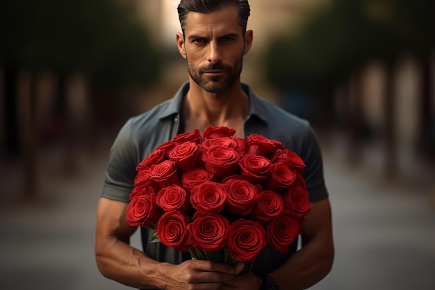 Un hombre sostiene un ramo de rosas rojas en sus manos día de San Valentín cumpleaños regalo de vacaciones