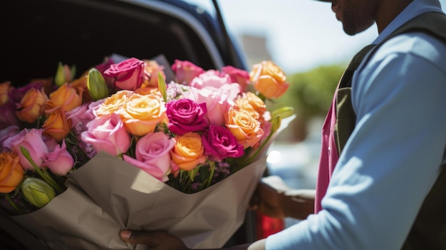 Foto un hombre sostiene un ramo de rosas