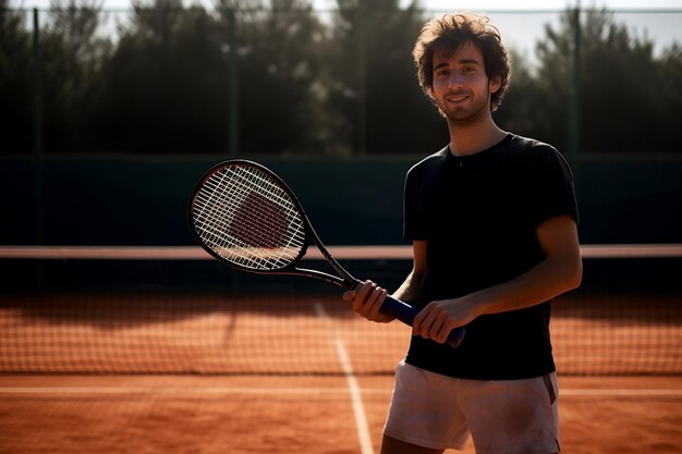 Un hombre sostiene una raqueta de tenis en una cancha de tenis.