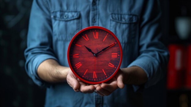 Foto un hombre sostiene un reloj rojo