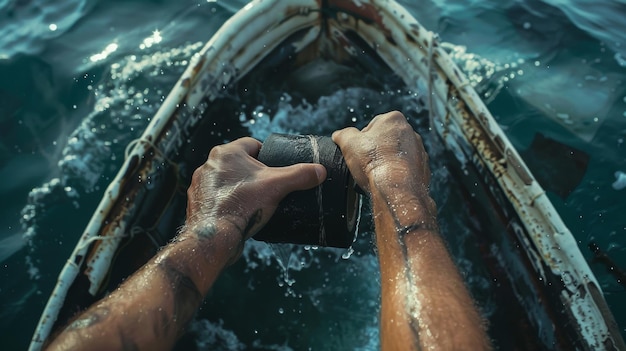 Foto un hombre sostiene un remo mientras monta un barco