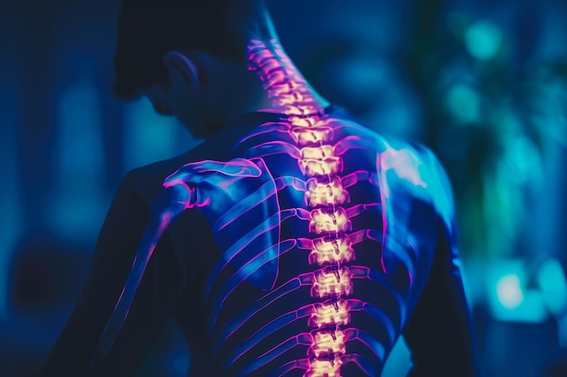 Foto el hombre sostiene su espalda con su mano su columna vertebral es rastreada por la luz de neón y parece a través de una máquina de rayos x
