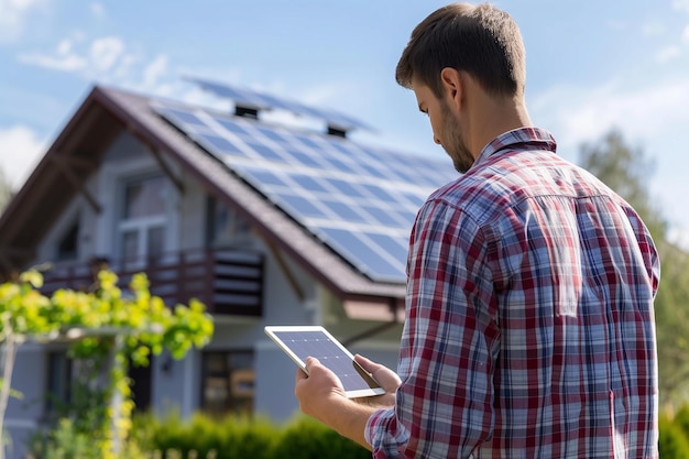 Un hombre sostiene una tableta frente a una casa con paneles solares en el techo