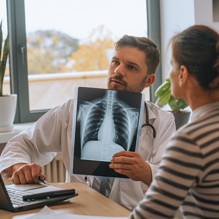 un hombre sostiene una tableta con una imagen de una mujer en una bata de laboratorio