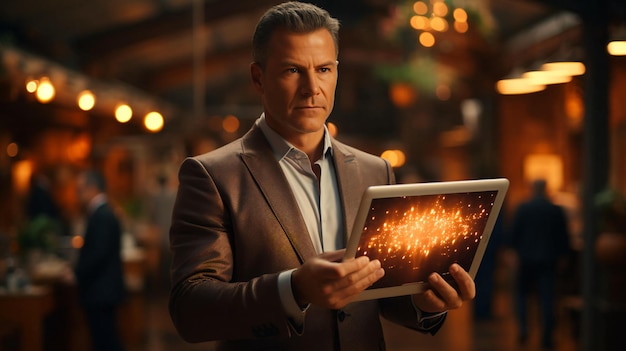 Un hombre sostiene una tableta en sus manos y trabaja con IA generada
