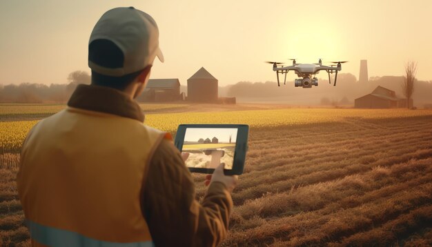 Un hombre sostiene una tableta y vuela un dron con una puesta de sol de fondo.