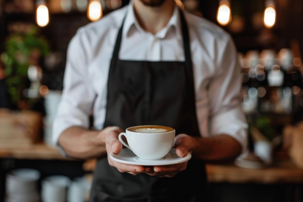 Un hombre sostiene una taza de café blanca con un platillo blanco