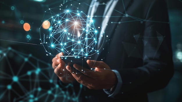 un hombre sostiene un teléfono inteligente con el cerebro conectado a él