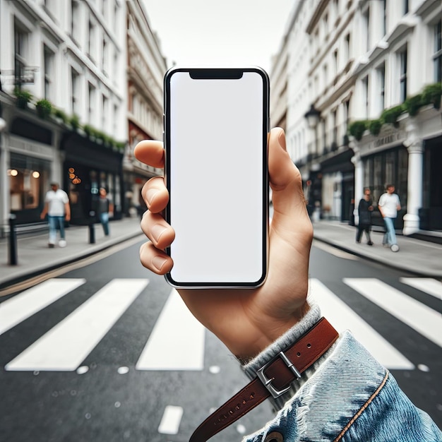 Un hombre sostiene un teléfono inteligente en la mano en un closeup de la pantalla de una calle de la ciudad