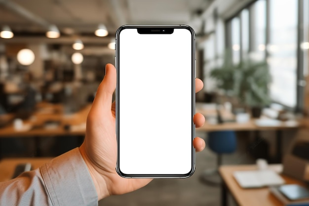 Un hombre sostiene un teléfono con una pantalla blanca.