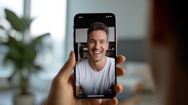 Foto un hombre sostiene un teléfono que dice que está sonriendo