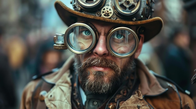 Un hombre steampunk con barba y bigote con sombrero y gafas de protección está mirando a la cámara con una expresión seria