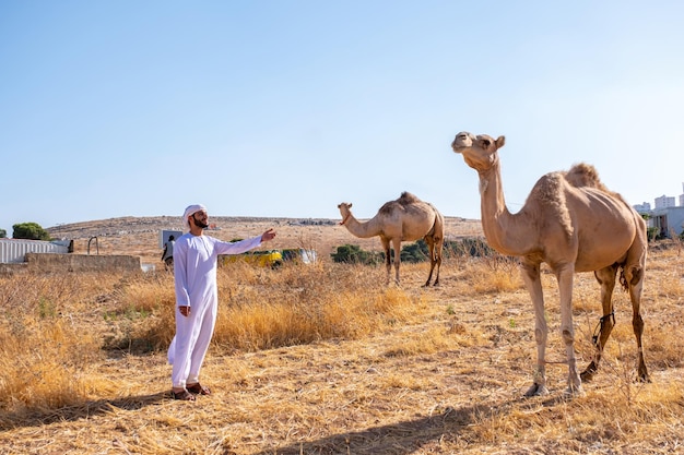 Hombre y su camello disfrutando de su tiempo en el pueblo.