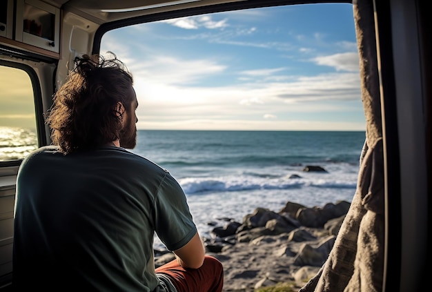 un hombre en su caravana contemplando una hermosa vista de la playa