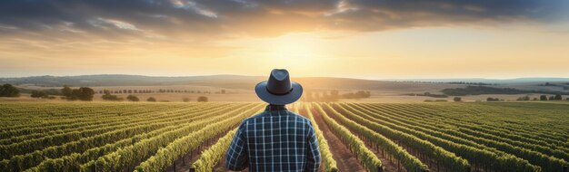 Hombre con su espalda en medio de una plantación puesta de sol en el fondo IA generativa