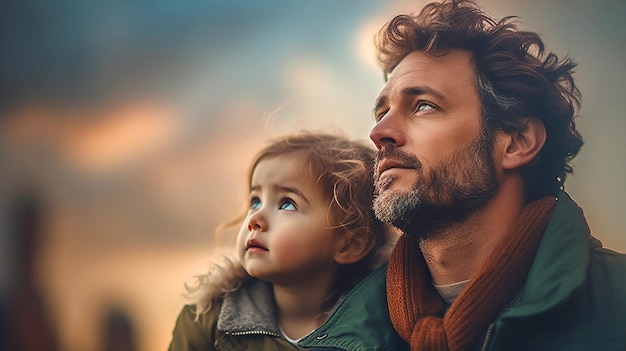 Un hombre y su hijo mirando al cielo.