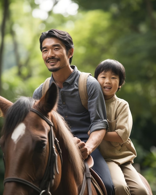 Hombre con su hijo montando un caballo feliz emocionado jardín fondo