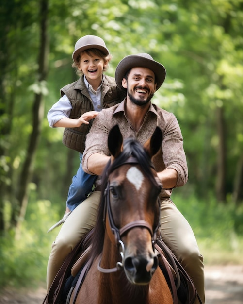 Hombre con su hijo montando un caballo feliz emocionado jardín fondo